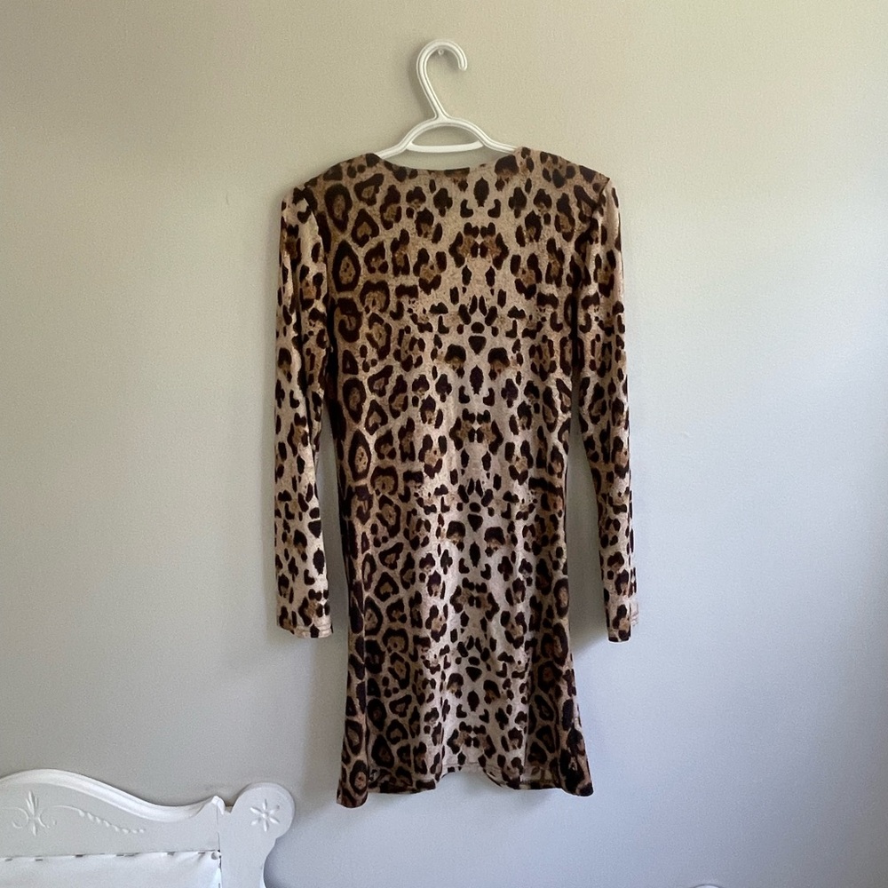 BROWN BLACK CREAM LEOPARD PRINT LOMG SLEEVE DRESS EXPOSED ZIPPER FRONT CLOSURE - Picture 9 of 9
